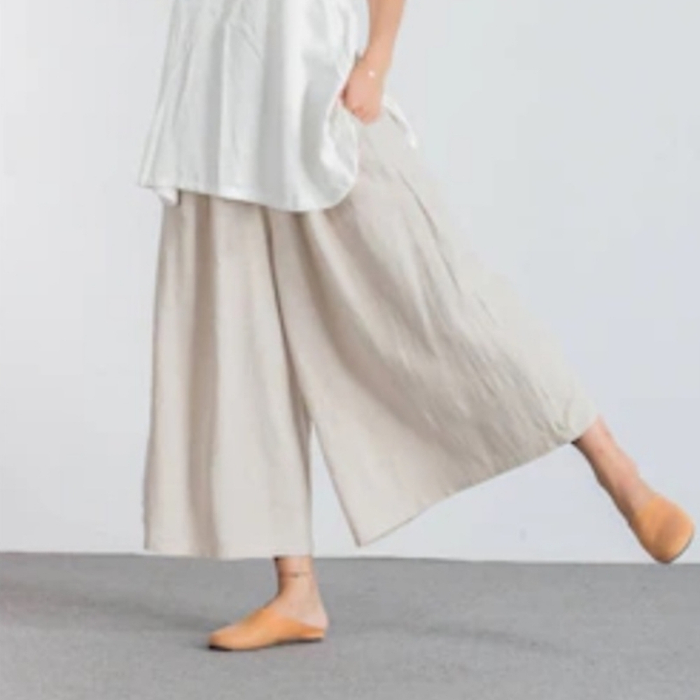 Youga Wide Leg Ankle Pants Cream Beach Casual Classic Boho Linen Cotton XL New